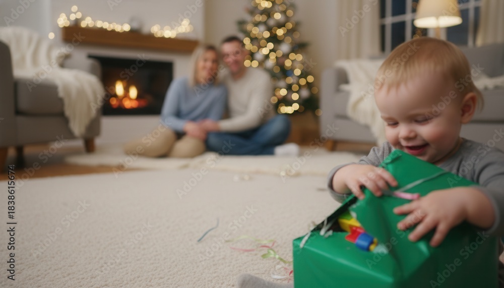Naklejka premium Joyful Toddler Unwraps Christmas Gift