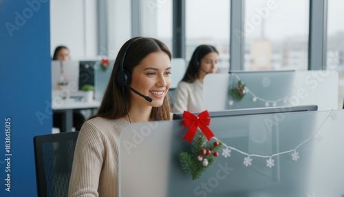 Smiling Customer Service Agent at Holiday Desk