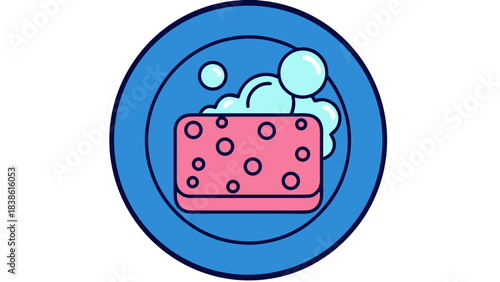 Pink Sponge With Bubbles In Blue Plate Icon Representing Dishwashing And Cleaning Services With Simple Flat Design Style