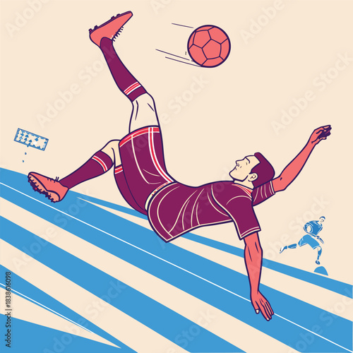 Soccer player executing a bicycle kick with precision and power aiming for the goal.