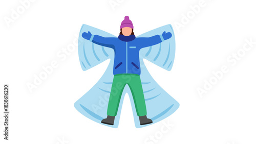 Person Wearing Blue Jacket Green Pants and Pink Beanie Lying Down Making Snow Angels on a Black Background