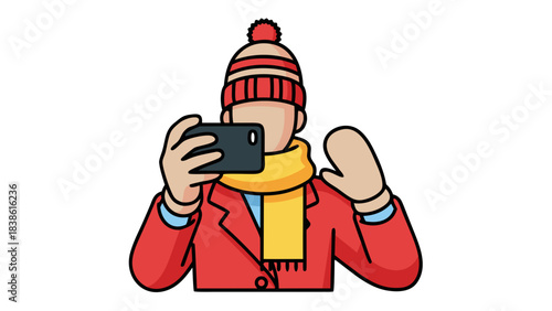 Person Wearing Red Winter Coat Yellow Scarf and Striped Beanie Taking Photo with Smartphone on Black Background Flat Design Illustration