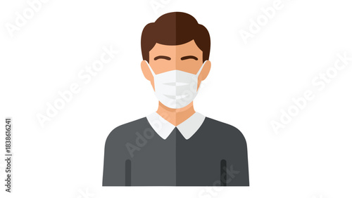 Person Wearing White Face Mask Against Dark Background Protection Against Illness or Pollution Person in Gray Sweater White Collar and Brown Hair Subtle Shadowing on Face and Neck with Clear White