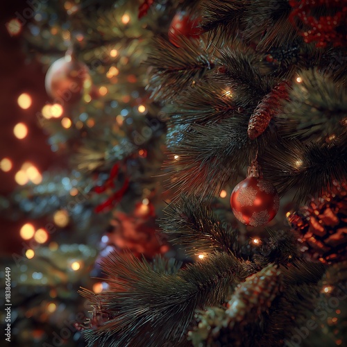 Wallpaper Mural Glistening Ornaments and Festive Lights Embellishing a Lush Green Christmas Tree, Creating a Warm Holiday Ambience and Spirit Torontodigital.ca