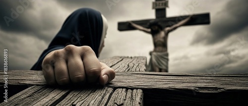 Mary's silent grief, intimate over-the-shoulder view from behind Mary at the foot of the cross, focusing on her clenched hand resting on the rough wood, looking up towards Jesus