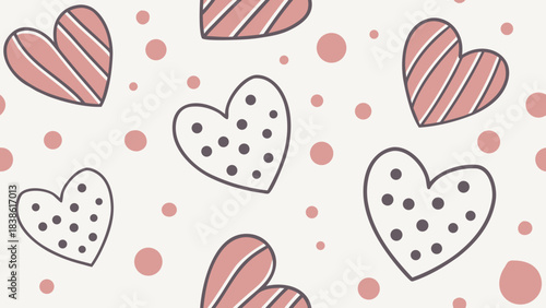 Cute hand-drawn hearts and dots in pastel colors, seamless repeat pattern