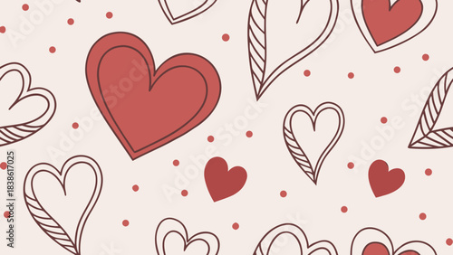 Seamless vector pattern of red and pink hearts in varying sizes on soft pastel background