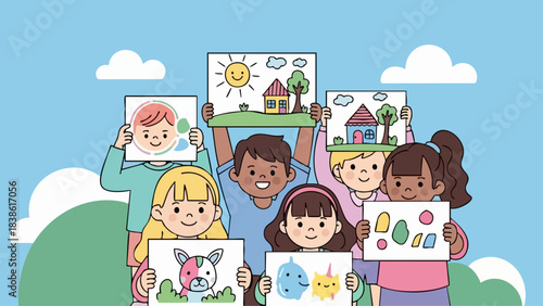 Group of Children Proudly Displaying Their Drawings in a Classroom.