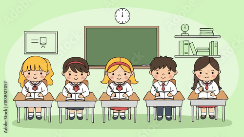 Group of Students in Classroom Setting with Desks and Blackboard.