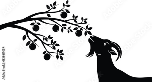 Goat Silhouette Reaching Up to Eat Fruit from an Overhanging Branch, Farm Animal and Apple Tree Vector Illustration, Black and White Graphic Design Element, Nature and Agriculture Concept.