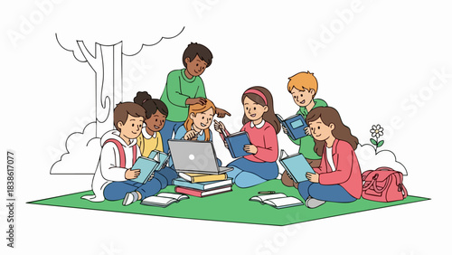 Group of Students Studying Together Outdoors with Laptop and Books.