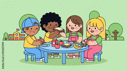 Happy diverse children enjoying a meal together outdoors.