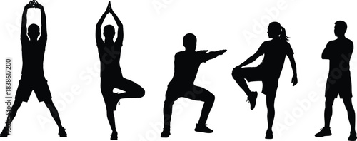 Group of People Exercising Silhouettes in Various Fitness Poses, Including Jumping Jacks, Yoga Tree, and Squats, Men and Women Doing Workout Routine Vector Illustration, Health and Wellness Concept.