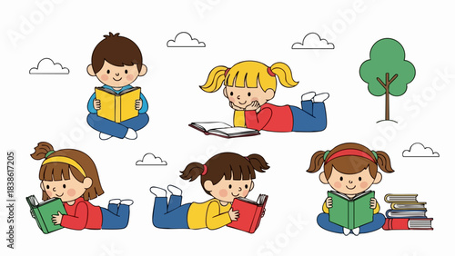 Set of cute cartoon children reading books illustration.