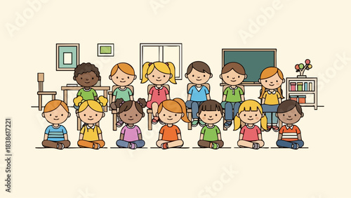 Diverse group of happy children sitting together in a classroom.