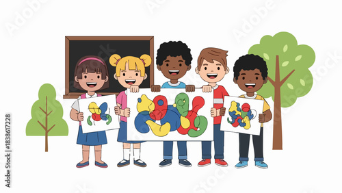 Diverse group of happy children holding their colorful artwork.