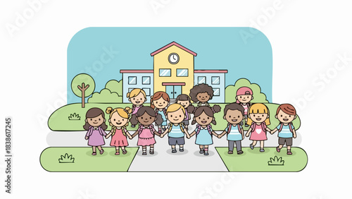 Diverse group of happy children holding hands together symbolizing friendship and unity.