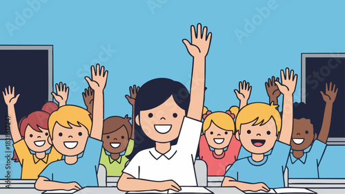 Happy students raising hands in the classroom for participation and learning.