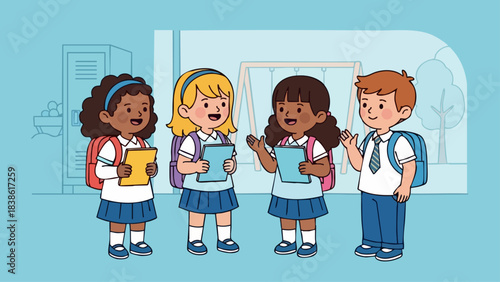 Group of school children in uniform talking and smiling together.