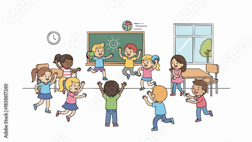Happy energetic children playing together in a group.
