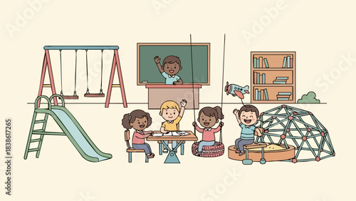 Children Learning and Playing Together in a School Playground Illustration.
