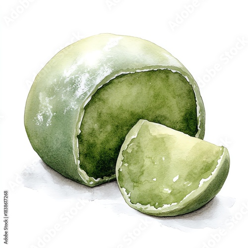 A detailed watercolor illustration of a green mochi, showcasing its smooth texture and sweet filling, perfect for dessert lovers.