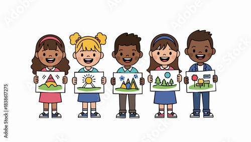 Diverse group of children proudly displaying their colorful drawings representing various landscapes and scenes.