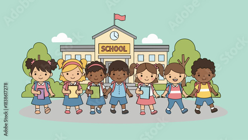 Diverse group of elementary school students walking together in front of school building.