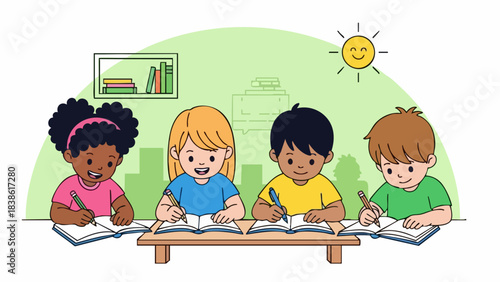 Children studying together at a table, focused on their work, learning and education.