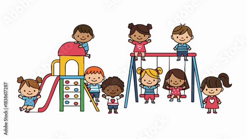 Happy Diverse Children Playing Together on a Playground Slide and Swings.