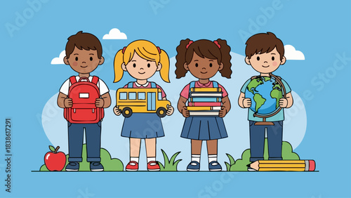 Diverse Group of Students Ready for School with Educational Items.
