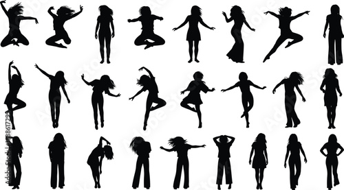 Large collection of diverse women black silhouette vector illustration set, female models standing, jumping, dancing, and posing, active lifestyle, fashion, beauty, and fitness concept art.