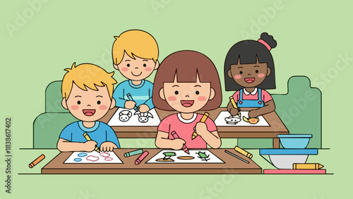 Group of diverse children enjoying a creative art class.