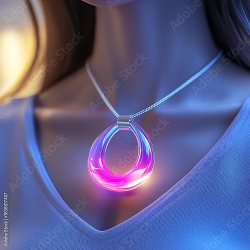 A close-up of a glowing pendant necklace illuminating the collarbone, showcasing modern fashion design and elegance.