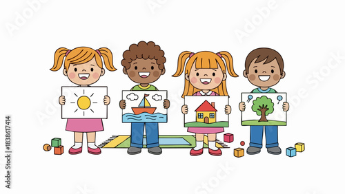 Diverse group of children proudly displaying their colorful drawings of various subjects.