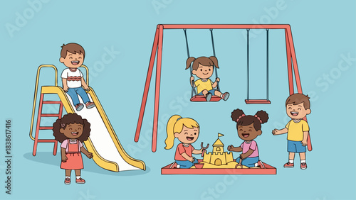 Children playing on playground with slide and swings.