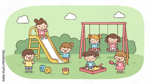 Happy children playing together on a vibrant outdoor playground.