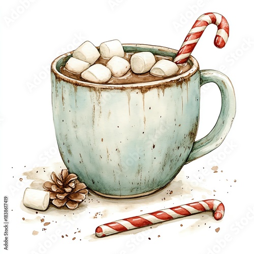 A cozy cup of hot chocolate topped with marshmallows and a peppermint stick, perfect for winter enjoyment.