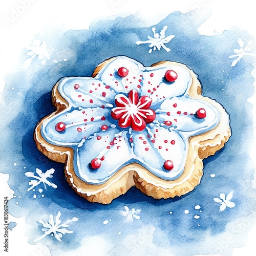 A beautifully decorated snowflake cookie with blue icing and red accents, perfect for celebrating winter holidays.