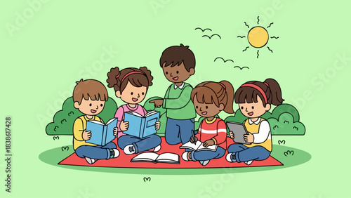 A diverse group of young children reading books together outdoors on a sunny day.