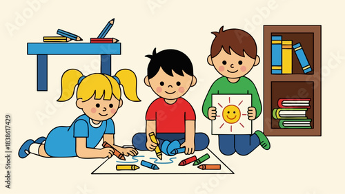 Children drawing and coloring together in a classroom setting with art supplies.