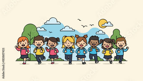 Group of happy children running and playing outdoors in nature.