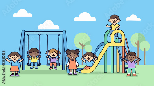Children Enjoying Playground Fun with Swings and Slide.