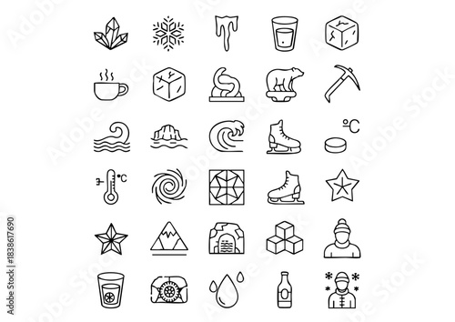 Cool Minimalist Ice and Frost Vector Icon Set, 25 Essential Winter Ice Cube and Crystal Outline Icons, Clean Black and White Glacial Elements Symbol Collection