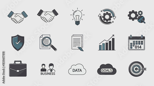 Business and Strategy Icons - Handshake, Idea, Gears, Shield, Data, Goals.
