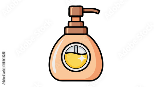 Pixel art illustration of a beige pump bottle with golden liquid and a circular emblem on a black background depicting a clean and hygienic product dispensing solution