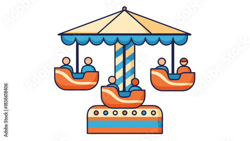 Pixel Art Carousel Ride with Orange and Blue Gondolas and People Enjoying a Funfair Attraction with a Striped Pole and Yellow Canopy Against a Black Background
