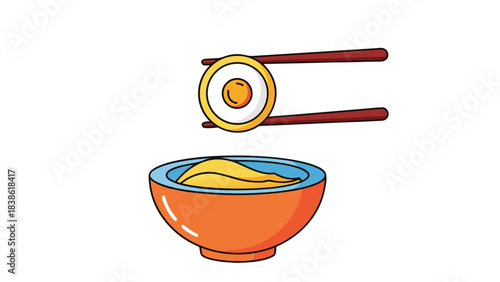 Pixel Art Chopsticks Holding a Golden Sushi Roll Over an Orange Bowl Filled with Yellow Noodles on a Black Background