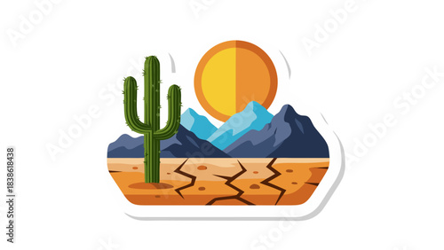 Pixel Art Desert Landscape With Saguaro Cactus Cracked Earth Dry Ground And Distant Mountains Under A Bright Orange Sun