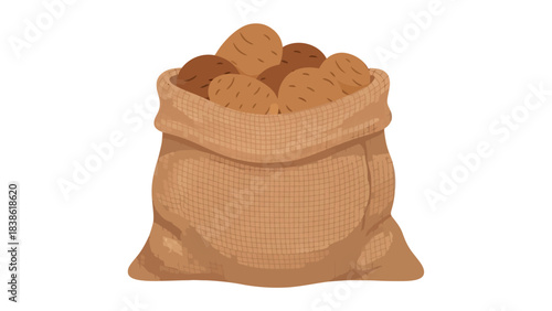 A brown burlap sack overflowing with brown potatoes against a white background
